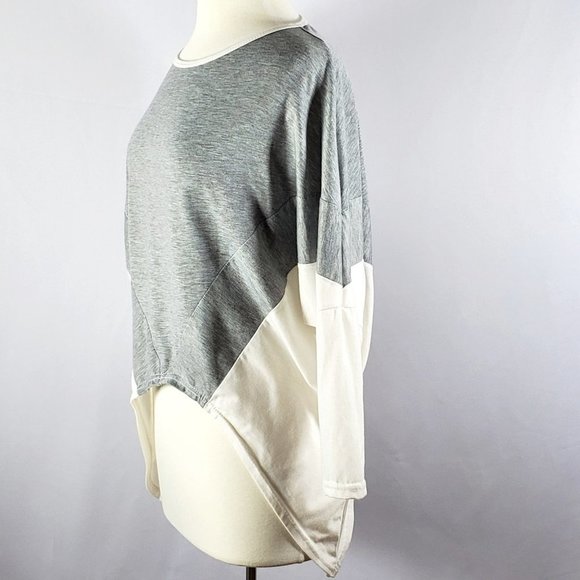 Gray & White Color Block Asymmetrical Top With Color Blocking and Dolman Sleeves - Picture 3 of 6